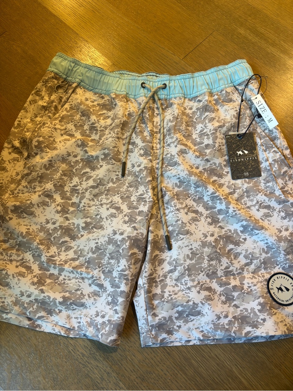 Men's Light Blue & Sand Camo Swim Trunks with Elastic Waistband